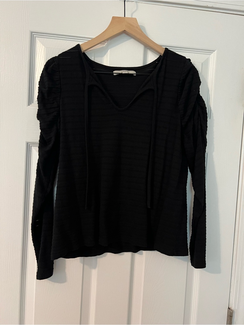 LOFT Black Long-Sleeve V-Neck Knit Top with Tie